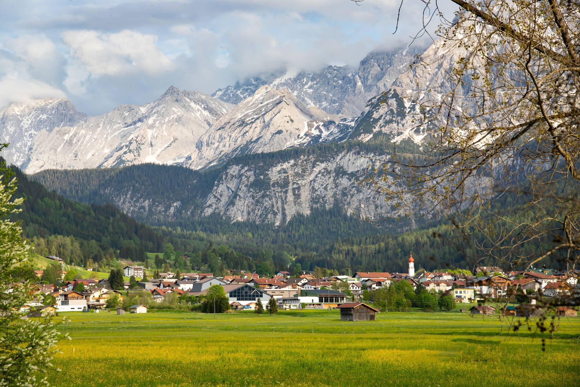 Beautilful green meadow and alpine village in spring, Austria